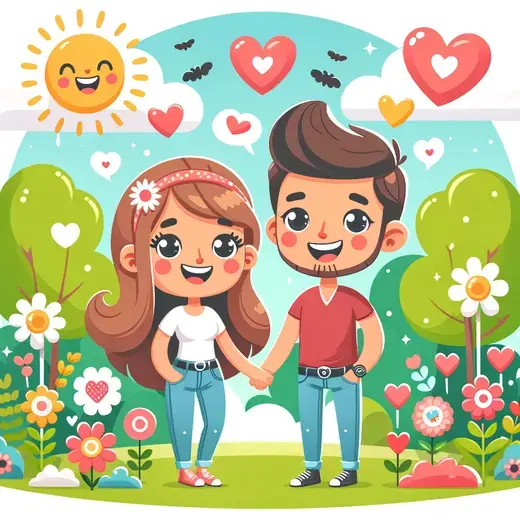 happy couple holding hands in a park, surrounded by hearts and flowers, symbolizing a healthy relationship