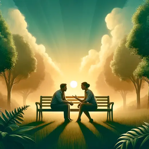 Couple communicating effectively on a park bench at sunset, symbolizing strong relationship communication skills