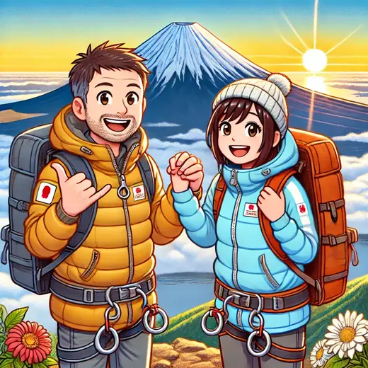 Daichi and Hana celebrate their renewed vows at Mount Fuji's summit, with a sunrise backdrop symbolizing new beginnings.