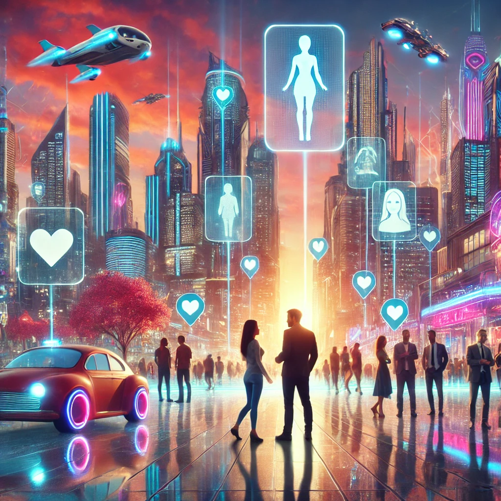 Futuristic cityscape with diverse activists advocating for reproductive rights and LGBTQ+ equality, alongside a couple using a holographic dating app, representing the politicization of sex and relationships in 2025.